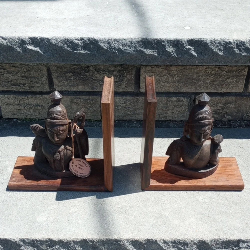 Indian Buddha Hand-Carved Bookends. Red Wood, Handmade